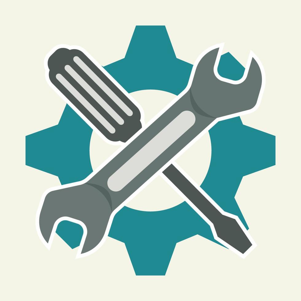 wrench and screwdriver on the middle of gear. Repair and maintenance service icon vector illustration