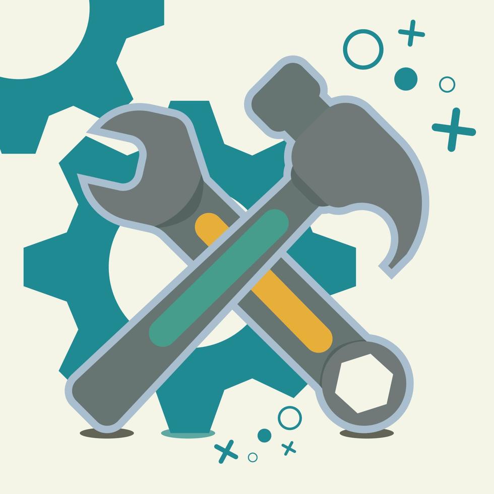 llave, martillo y engranaje. ilustración de vector de icono de herramientas de servicio