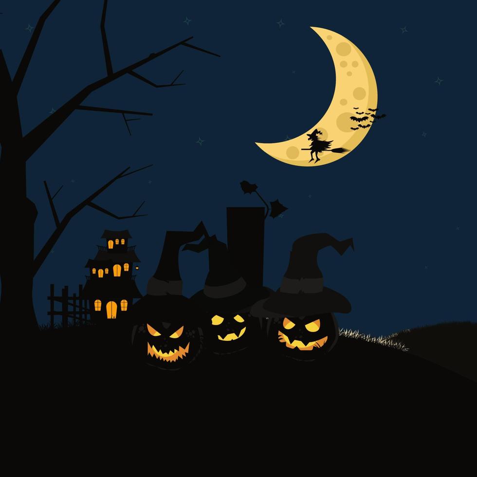 bruja y calabazas en la ilustración de vector de diseño gráfico de noche. serie de halloween