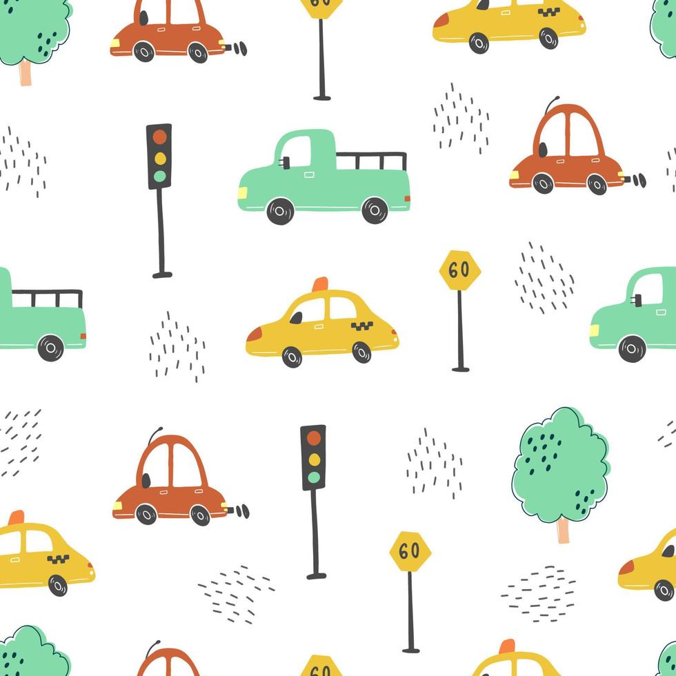 Seamless pattern of cartoon style baby cars. Vector illustration.