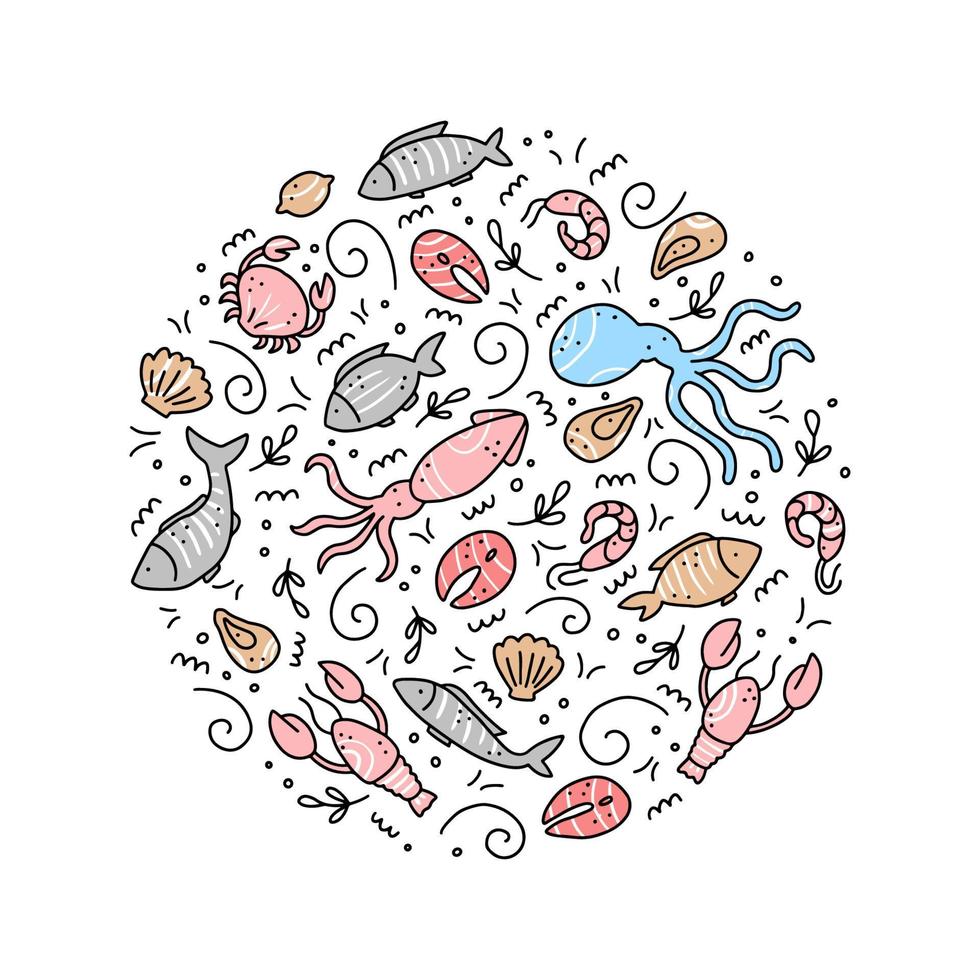 dibujado a mano conjunto de elementos de mariscos. Ilustración de vector de estilo doodle.
