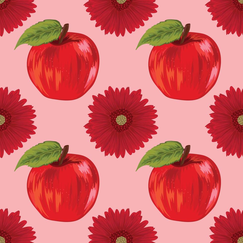 apple and red flower hand draw fruit pattern vector