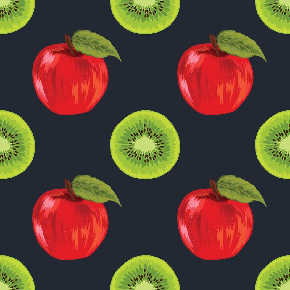 manzana y kiwi dibujan a mano frutas arte de patrones sin fisuras vector