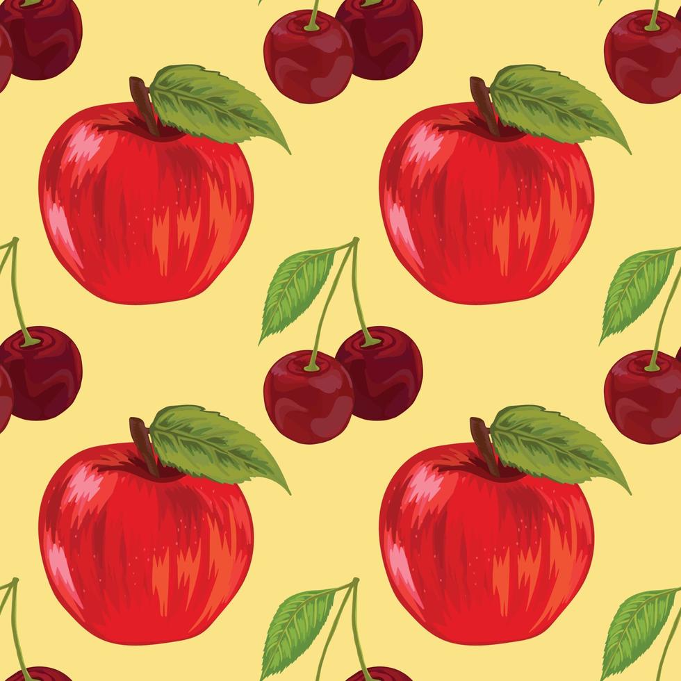 hand draw apple and cherry fruit seamless vector
