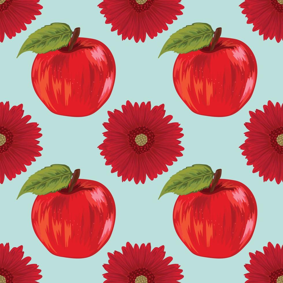 apple and red flower hand draw fruit seamless vector