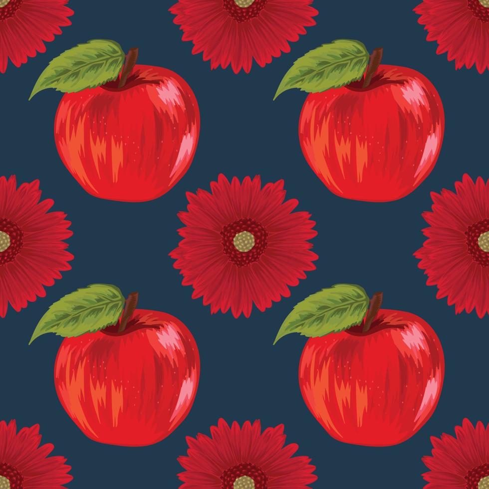 apple and red flower hand draw fruit seamless vector