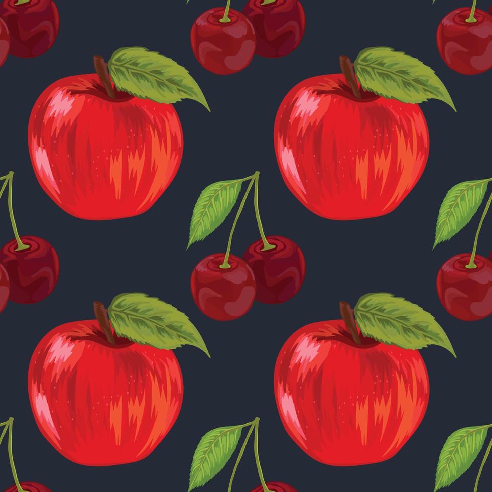 hand draw apple and cherry fruit pattern vector