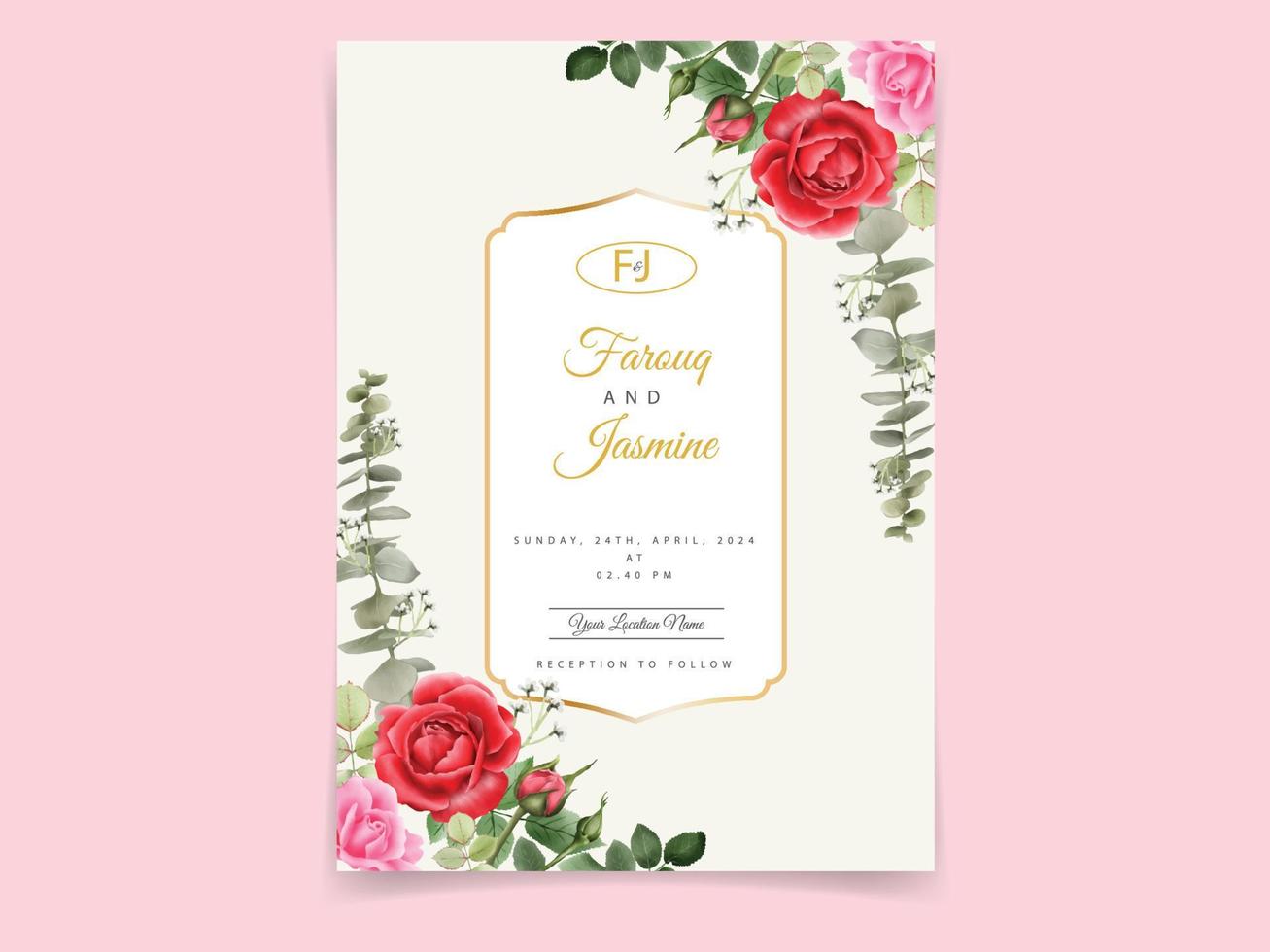 Wedding invitation card red roses design vector