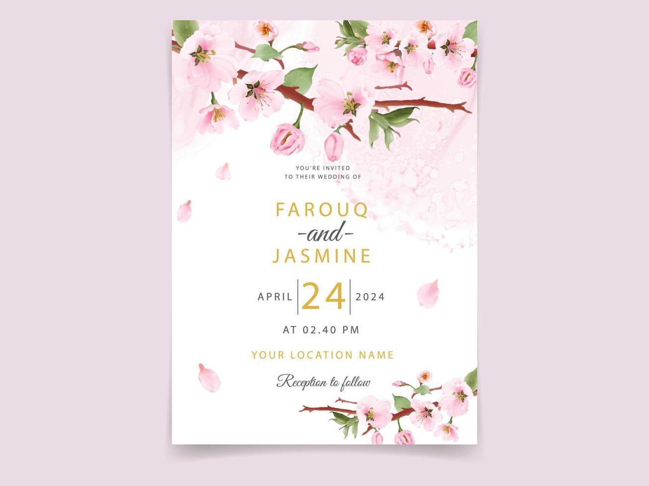 Wedding invitation card with pink sakura design vector