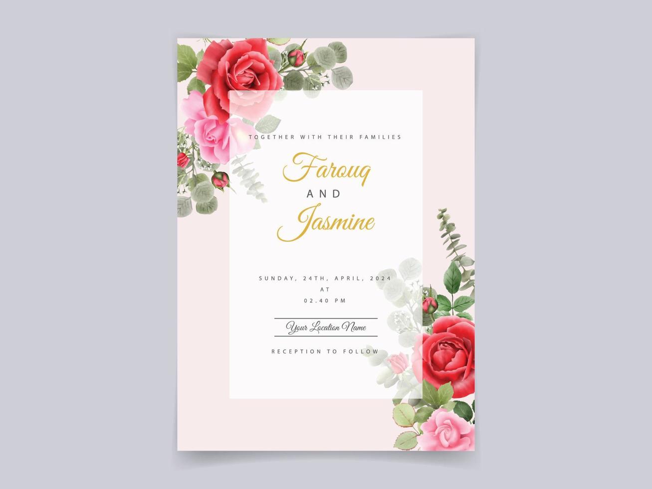 Wedding invitation card red roses design vector