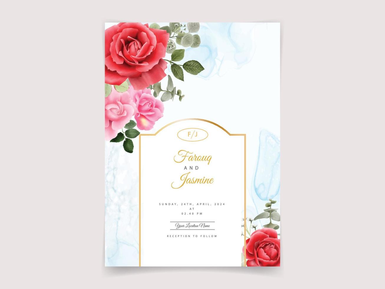 hermosa invitación de boda de rosas rojas vector