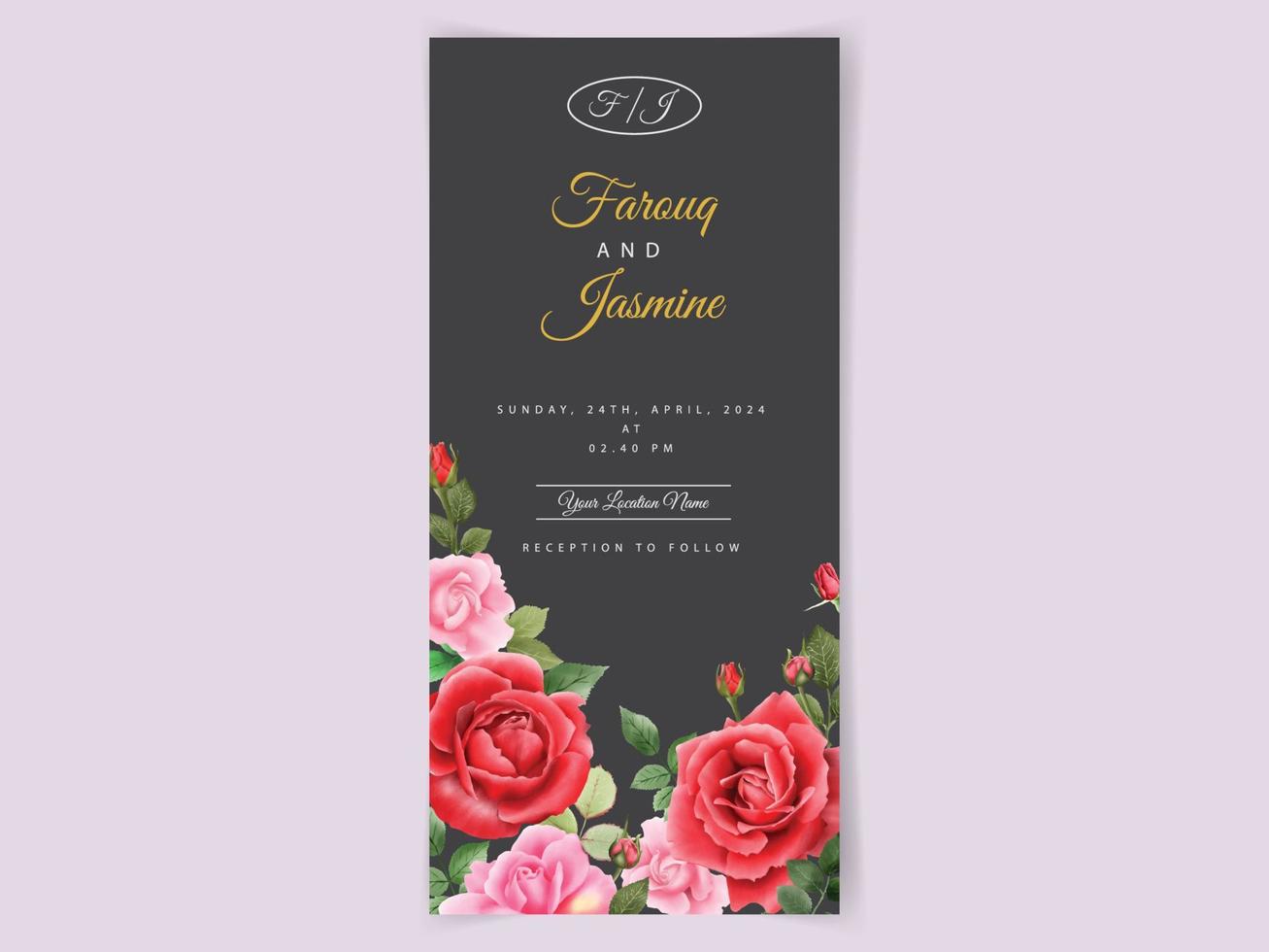 hermosa invitación de boda de rosas rojas vector