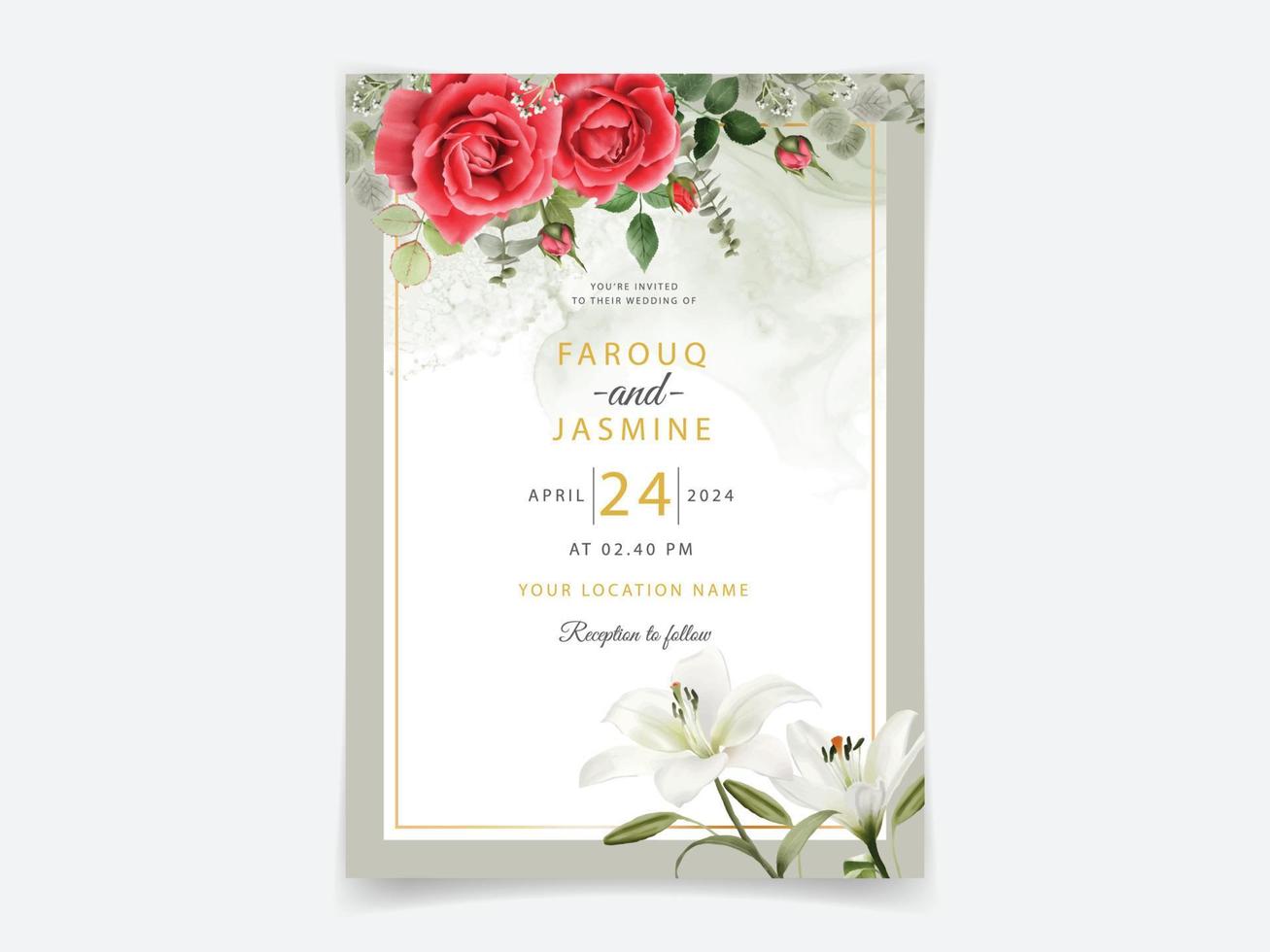 hermosa invitación de boda de rosas rojas vector