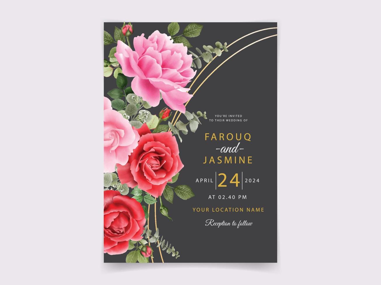 Wedding invitation card red roses design vector