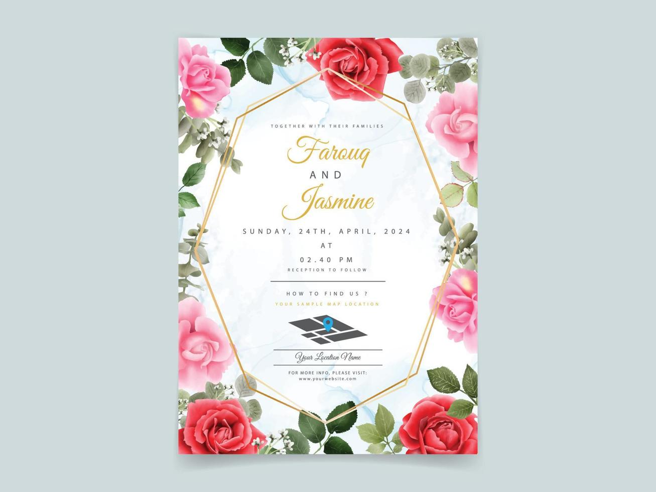 hermosa invitación de boda de rosas rojas vector