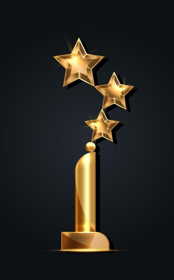 3D Gold STAR AWARD Statue Prize Giving Ceremony. Golden stars prize concept, Silhouette statue icon. Films and cinema symbol stock, Academy award vector isolated or black background