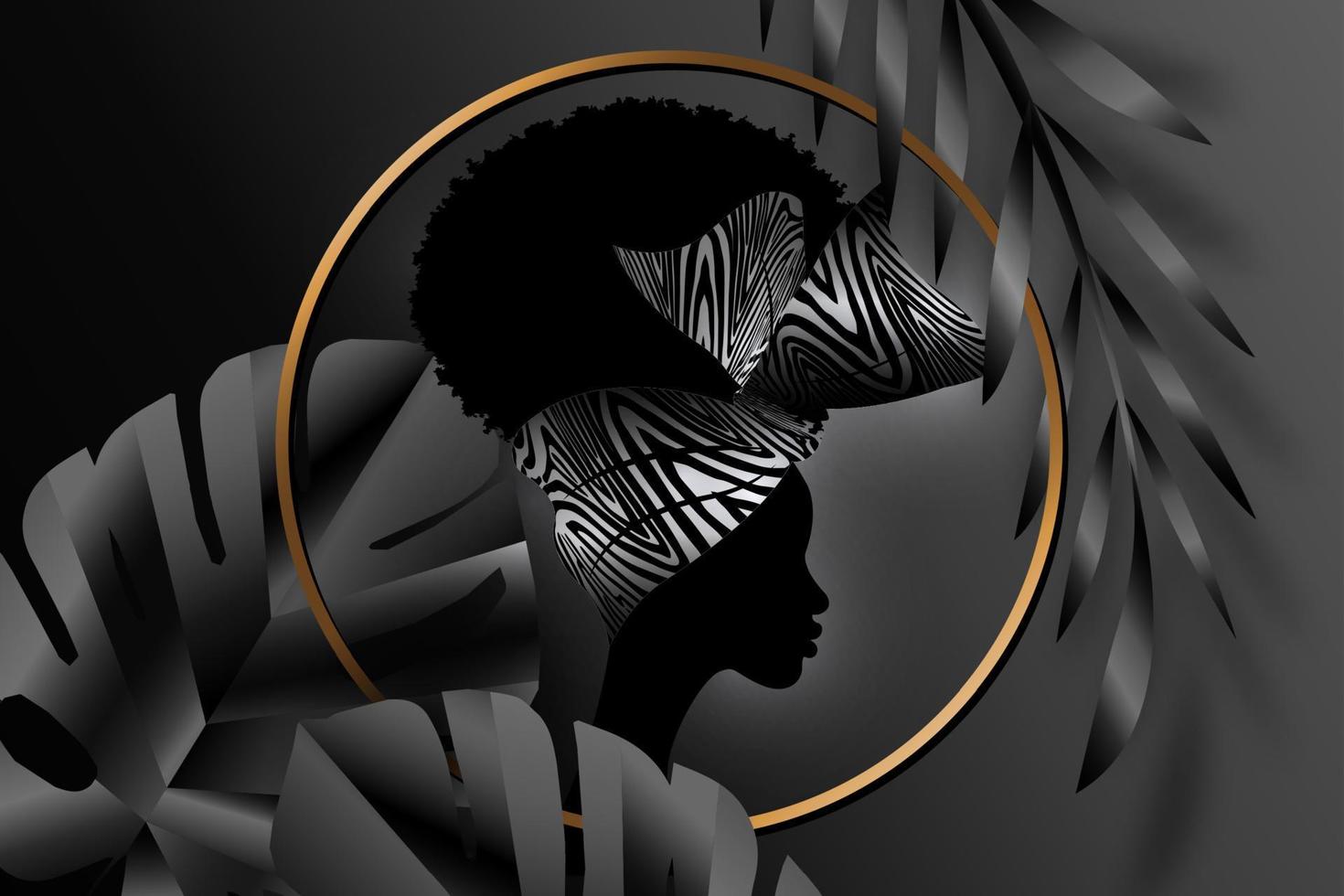 Portrait African woman wears bandana for curly hairstyles. Exotic black banner, gold circle. Afro Traditional Headtie Scarf Turban in tribal zebra fabric design texture. Vector illustration template