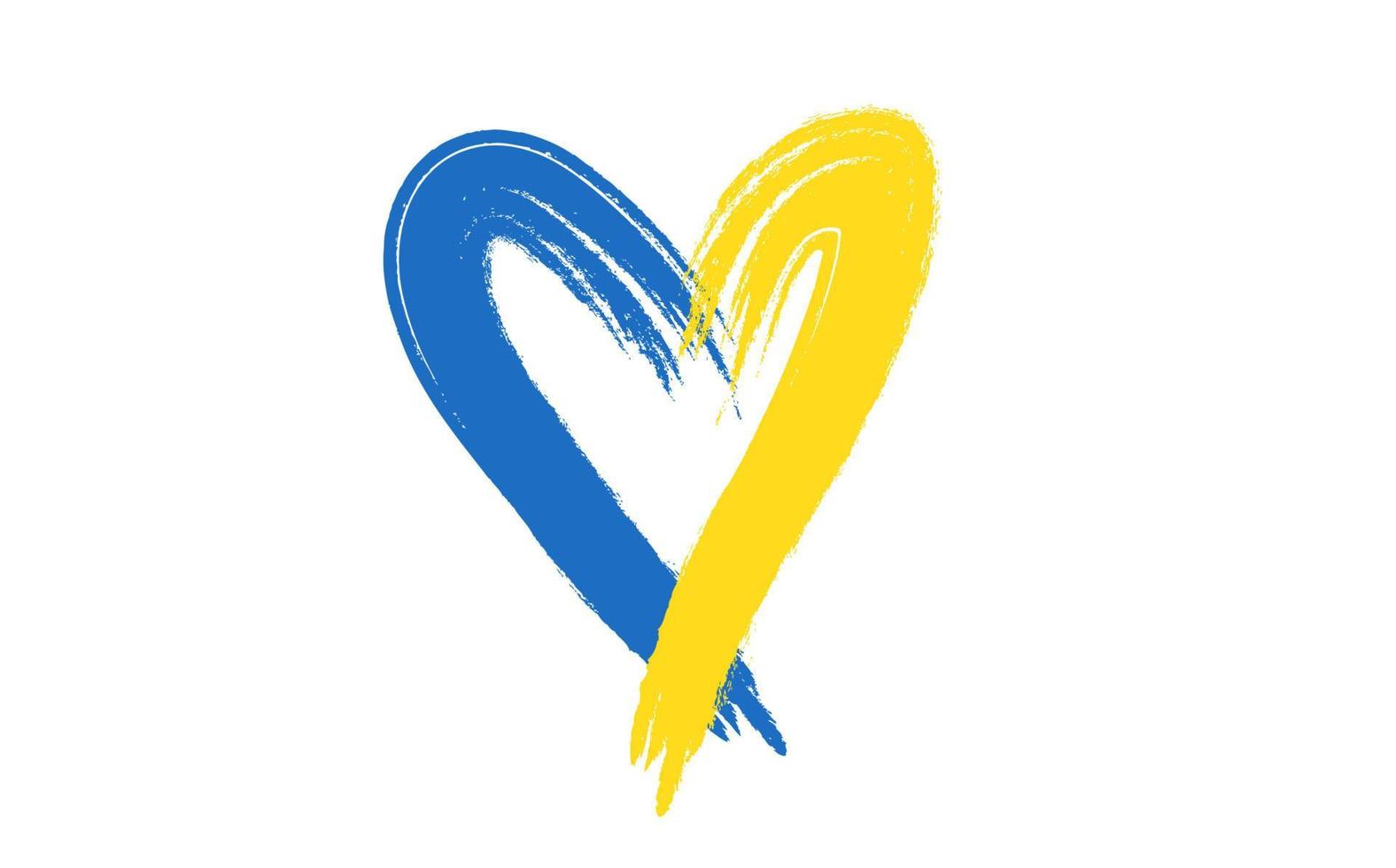 Grunge brush stroke with Ukraine national flag, Heart shape icon with colors of Ukrainian flag. Symbol, poster, banner of crisis in Ukraine concept. Vector Isolated on white background