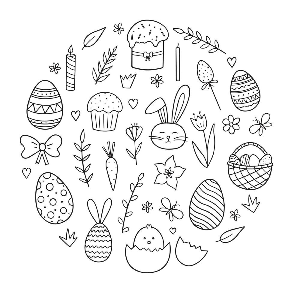 conjunto dibujado a mano de feliz doodle de pascua. conejito de pascua, pollo, huevos, ramas, tulipanes en estilo boceto. diseño para plantilla de tarjeta, decoraciones navideñas. Ilustración de vector aislado sobre fondo blanco.