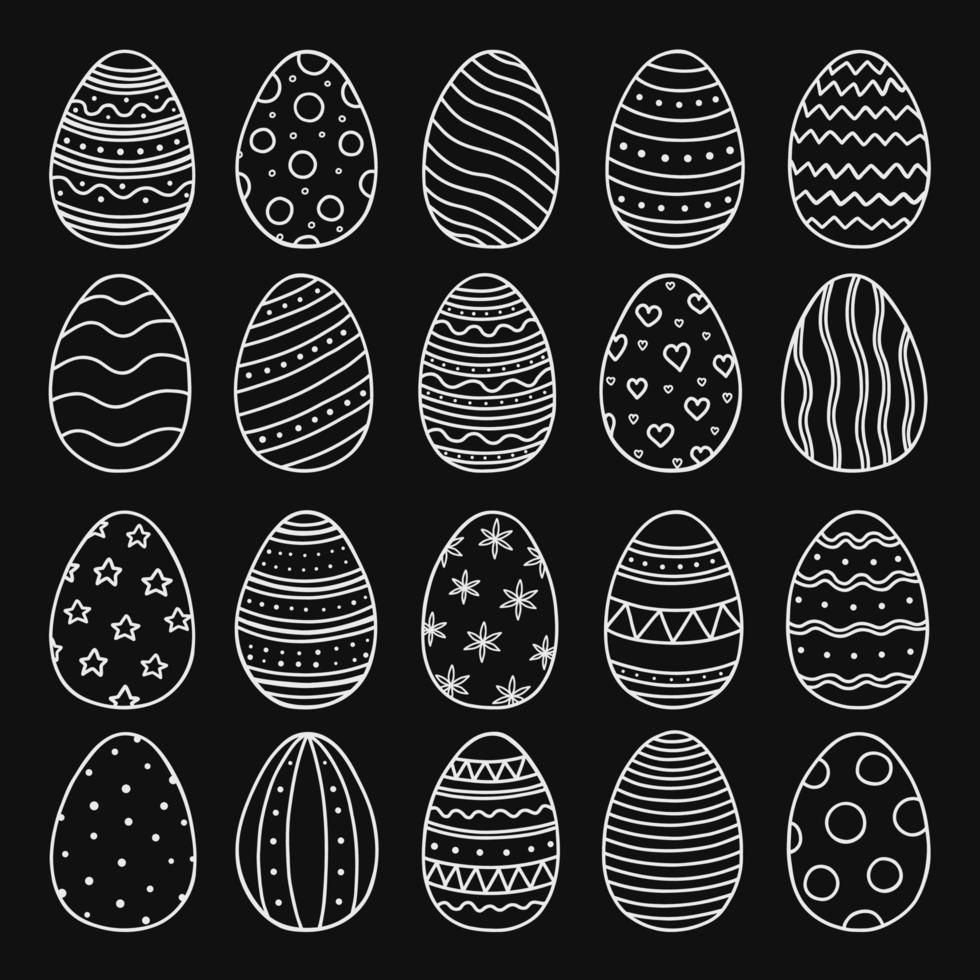 conjunto dibujado a mano de garabatos de huevos de pascua. adornos de huevo en estilo boceto. ilustración vectorial aislada sobre fondo negro. vector