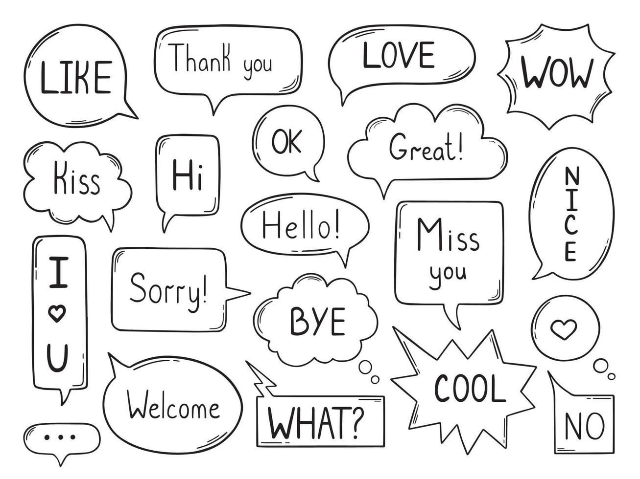 Hand drawn set of speech bubble sketch doodle. Handwritten phrases ok, yes, thank you, wow, hello, love, sorry. Vector illustration isolated on white background.