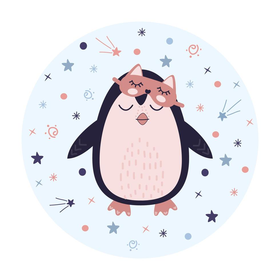 lindo pingüino con máscara para dormir. animal en el cielo estrellado fantástico. concepto vectorial de buenas noches y dulces sueños, aislado en un fondo blanco vector