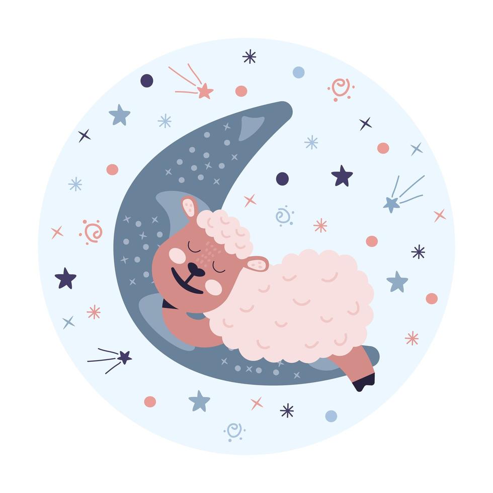 linda oveja durmiendo en la luna. concepto vectorial de buenas noches y dulces sueños, aislado en un fondo blanco vector