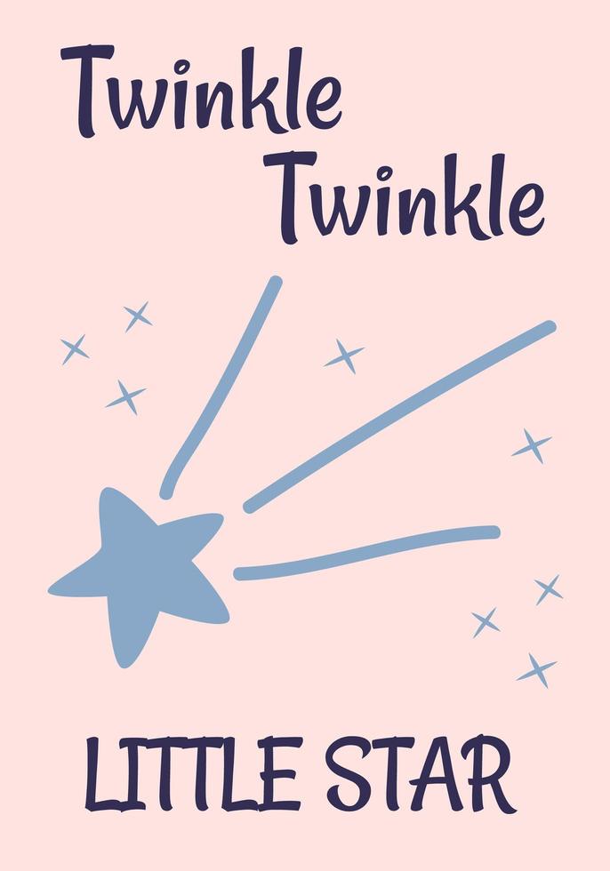 Twinkle little star card. Bright starry night Vector cartoon illustration. Use for card, poster in nursery, print