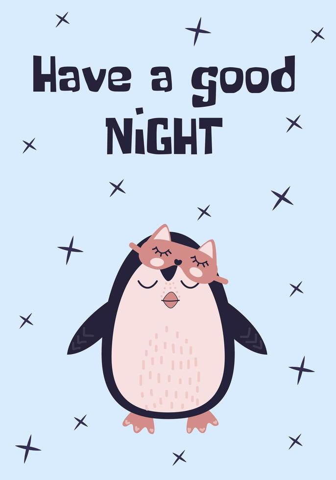 pequeño y lindo pingüino dormido con una máscara. ilustración de dibujos animados vectoriales. uso para tarjeta, afiche en vivero, impresión vector