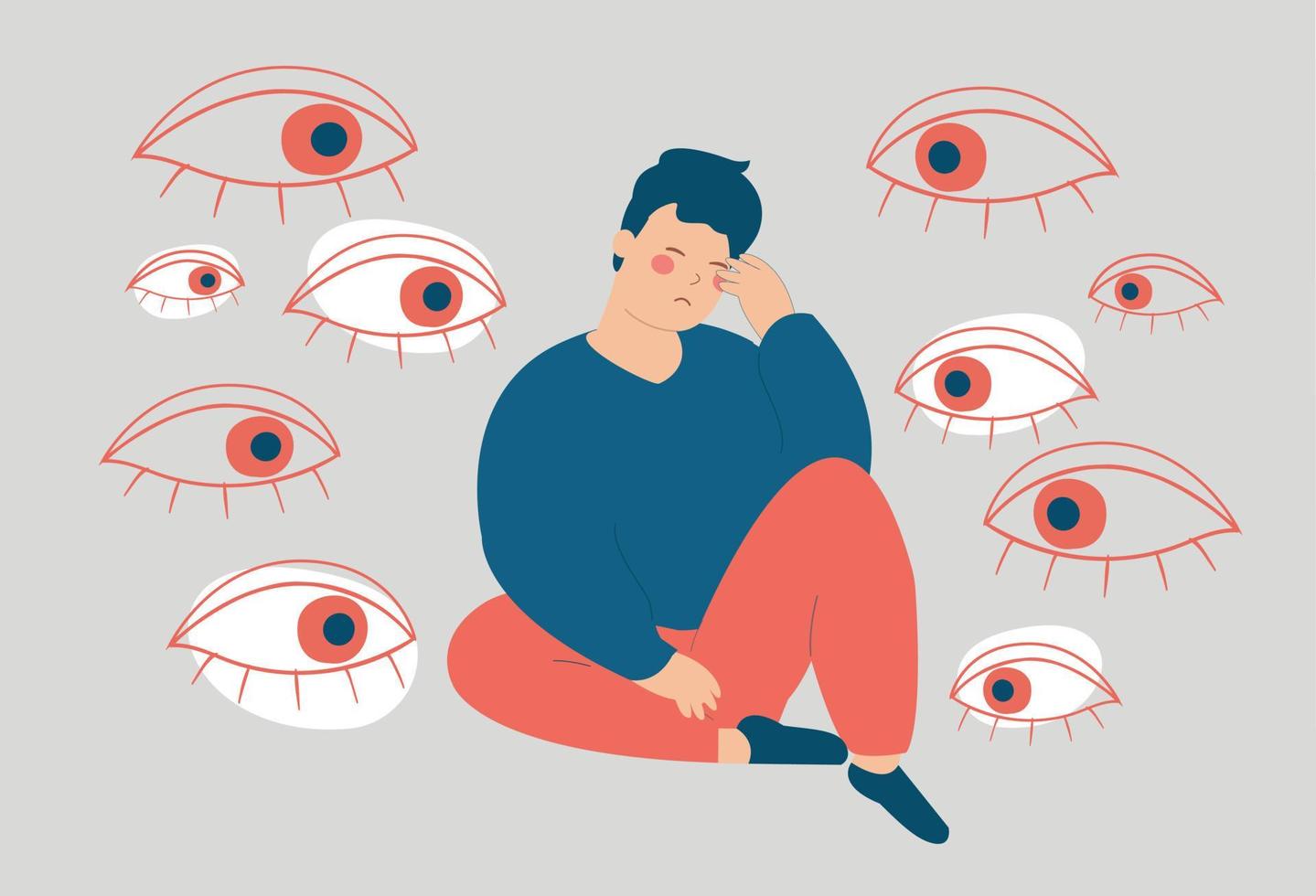 Young man surrounded by big evil eyes feels helpless. Depressed boy suffers from psychological problems looks overwhelmed. Concept of mental health disorder, phobia paranoia, fear. Vector illustration