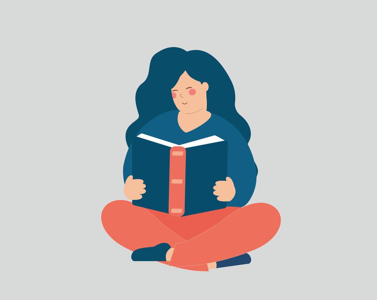 mujer feliz disfruta leyendo un libro mientras se sienta en el suelo. niña feliz toma notas en su diario con interés. jomo, alegría de perderse, sesión de terapia de libros, salud mental, concepto de paz interior. vector