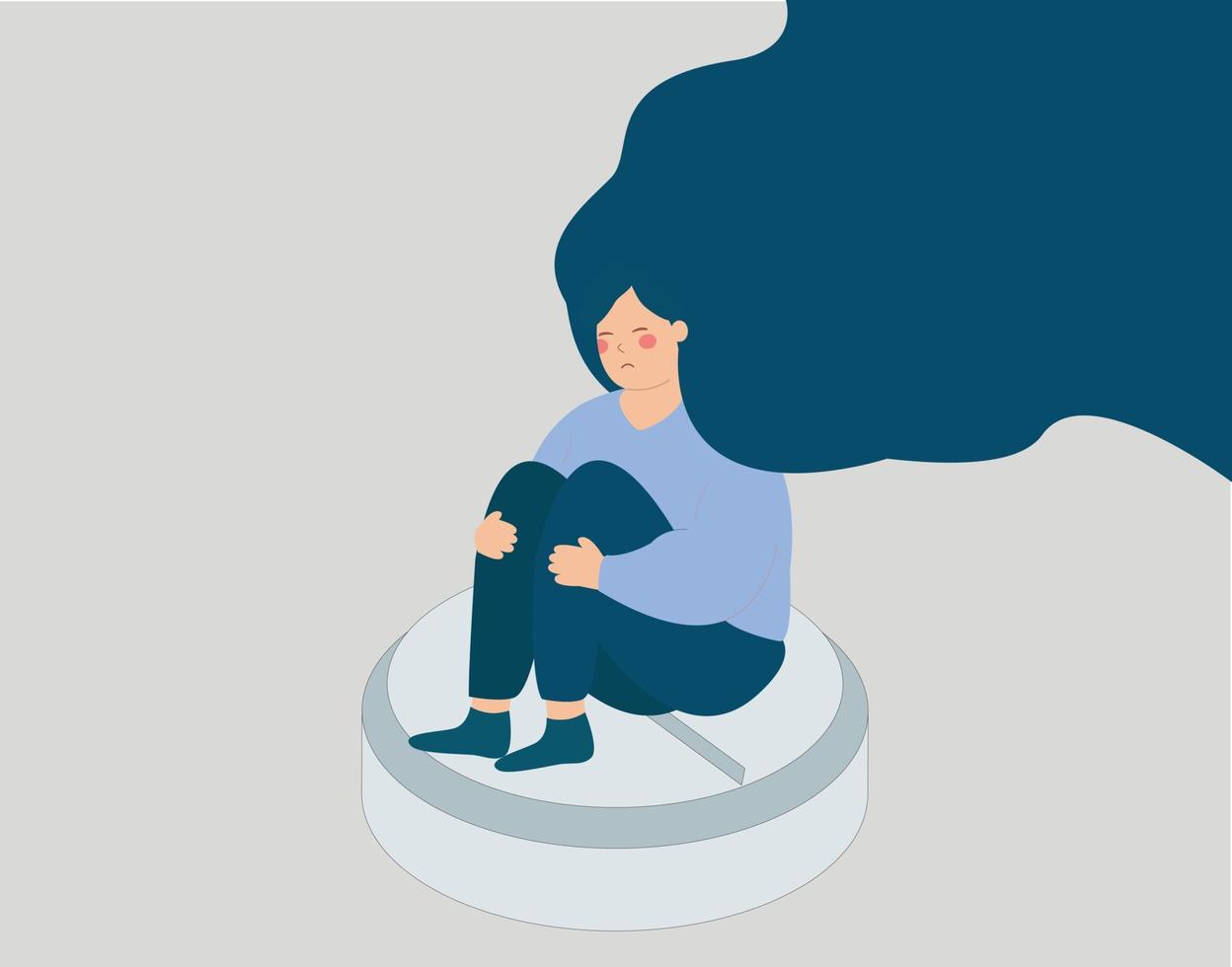 Sad woman sits on a pill and holds her knees. Stressed girl looks depressed and sits on an anti-depressant. Sedatives side effects on woman psychology, addiction and rehabilitation concept. Vector. vector