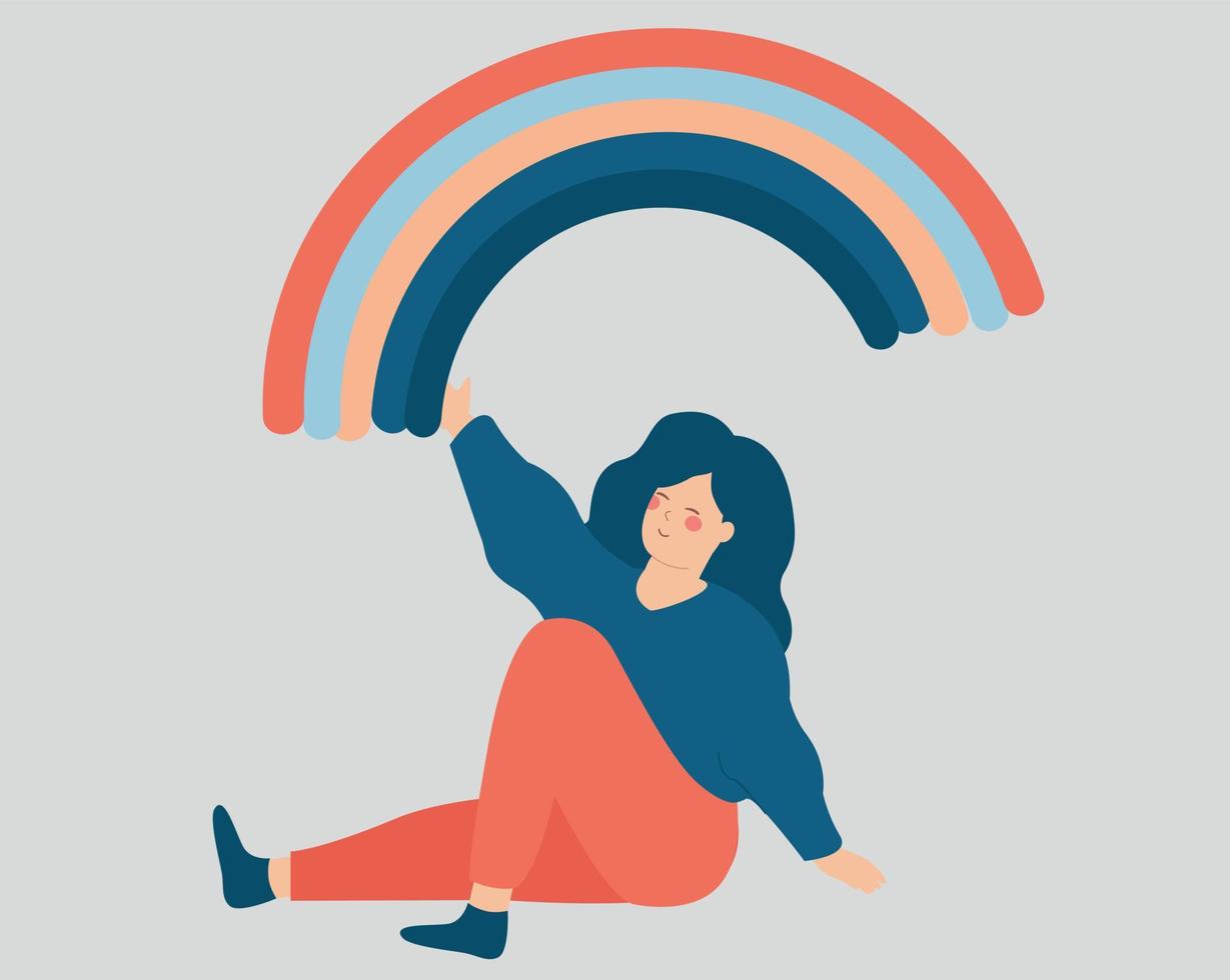 la mujer se sienta en el suelo, dibuja un arco iris con la mano. la chica feliz crea un ambiente positivo a su alrededor. mujer joven disfruta de su vida. libertad, bienestar, concepto de atención de la salud mental. ilustración vectorial vector