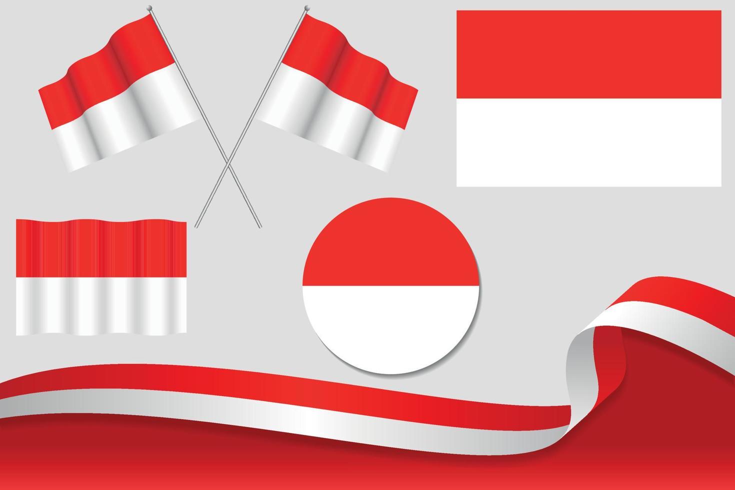 Set Of Indonesia Flags In Different Designs Icon Flaying Flags With ribbon With Background. vector