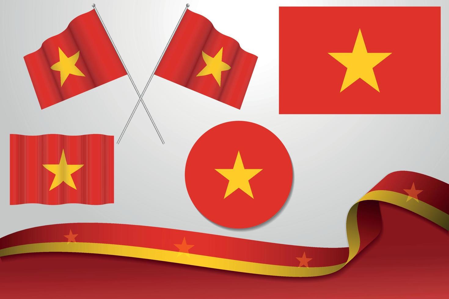 conjunto de banderas de vietnam en diferentes diseños icono desollando banderas con cinta con fondo. vector