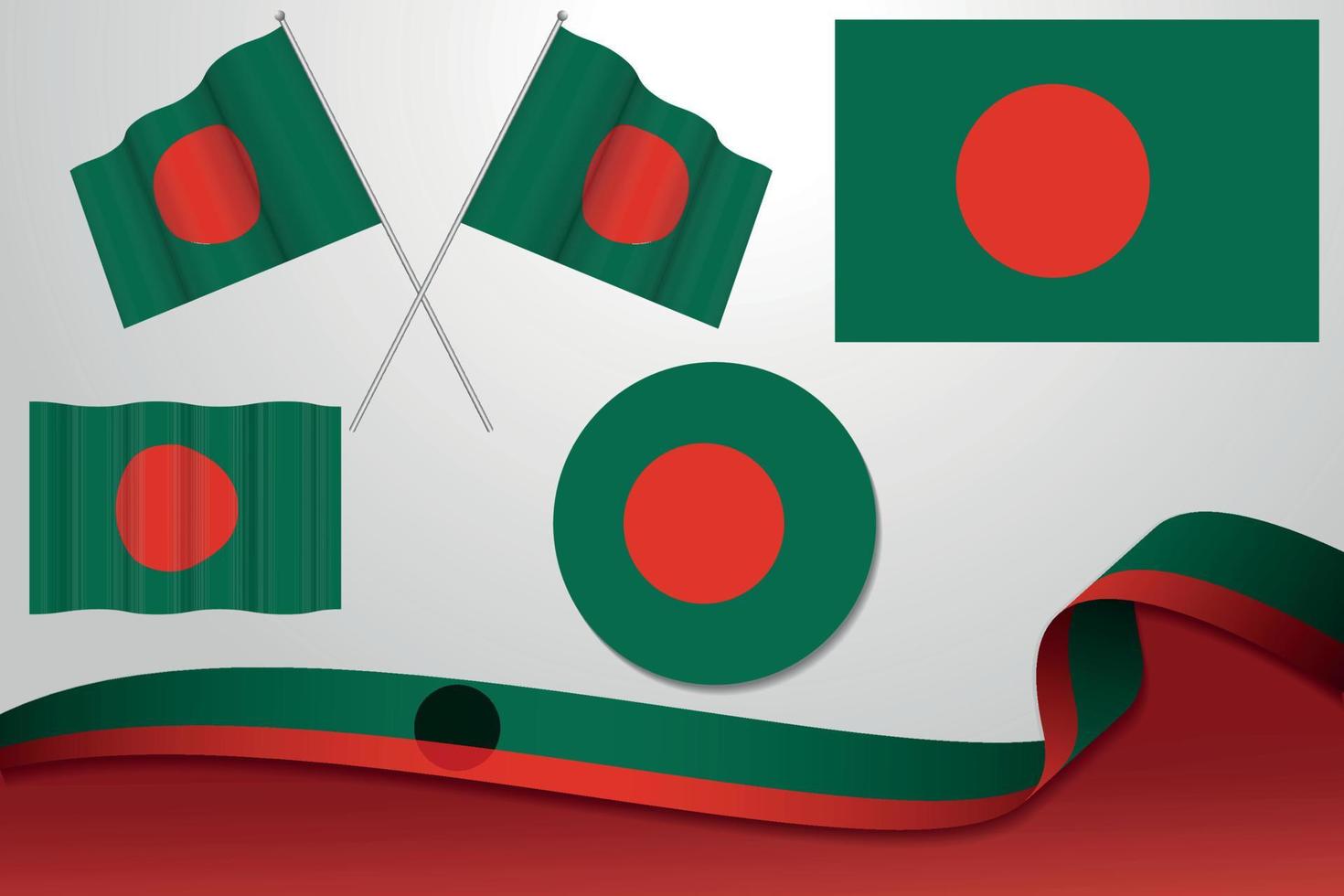 Set Of Bangladesh Flags In Different Designs Icon Flaying Flags With ribbon With Background. vector