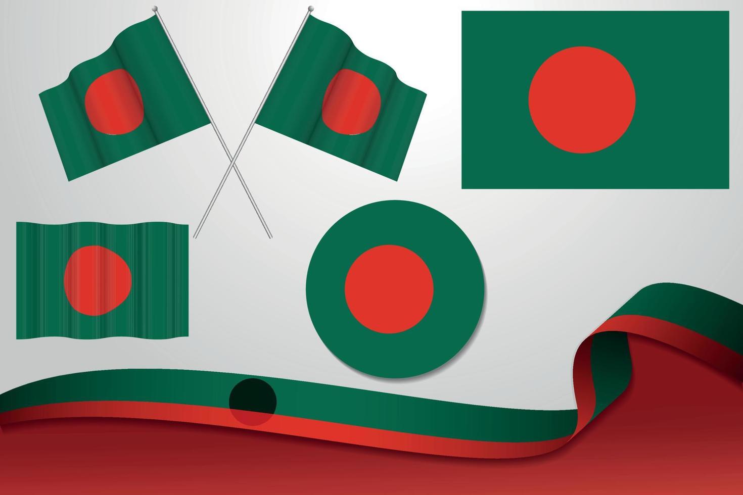 conjunto de banderas de bangladesh en diferentes diseños icono desollando banderas con cinta con fondo. vector