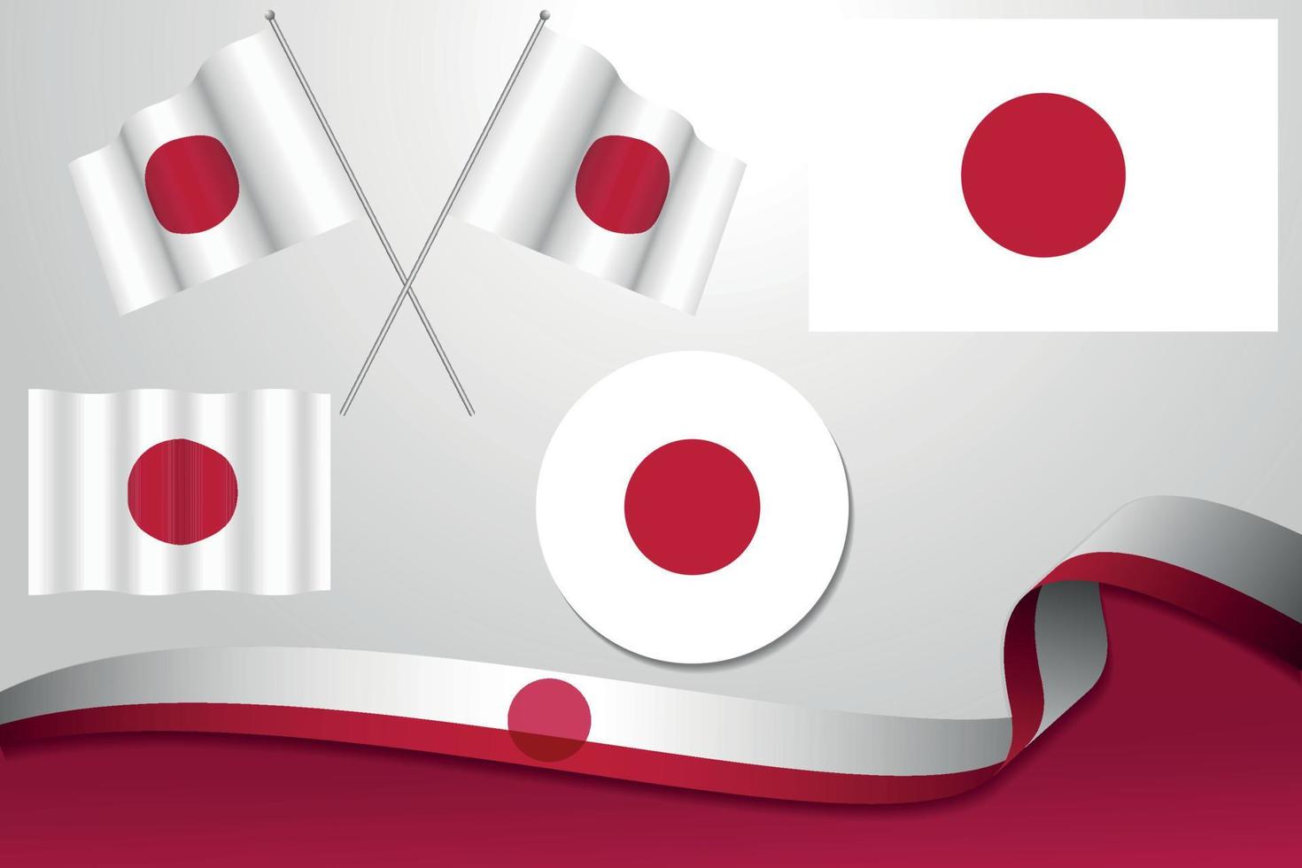Set Of Japon Flags In Different Designs Icon Flaying Flags With ribbon With Background. vector