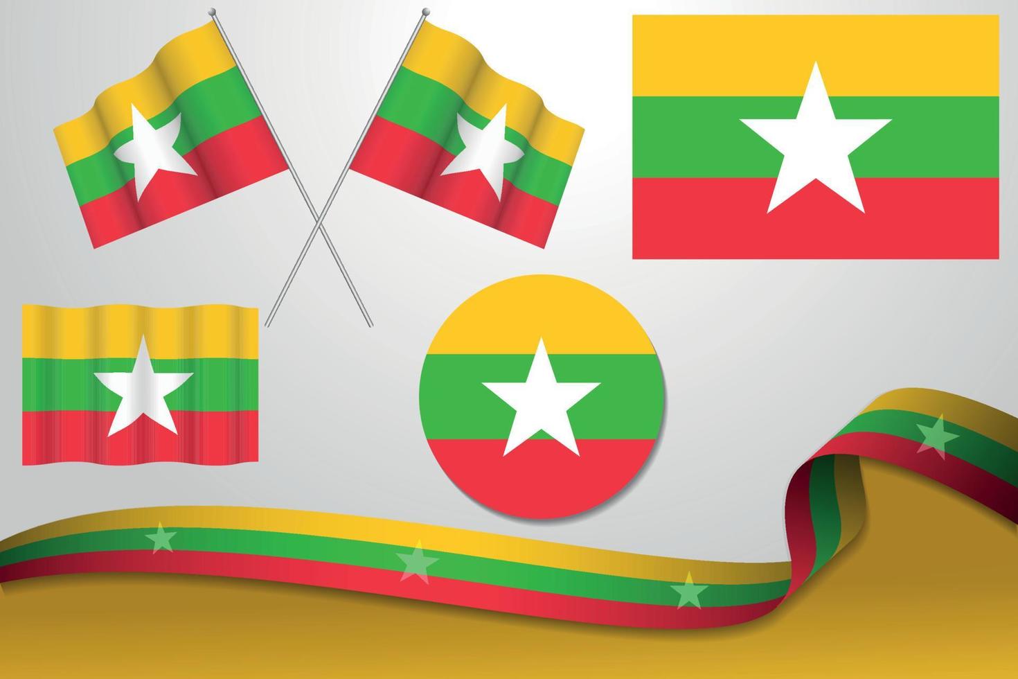 conjunto de banderas de myanmar en diferentes diseños icono desollando banderas con cinta con fondo. vector