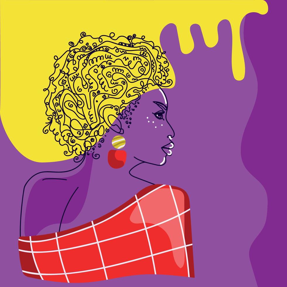 dibujo de cara de mujer de arte lineal sobre un fondo amarillo púrpura en un estilo abstracto.logotipo de mujer afroamericana, afiche moderno,arte de pared.línea de contorno.cara minimalista,belleza e ilustración vectorial de moda vector