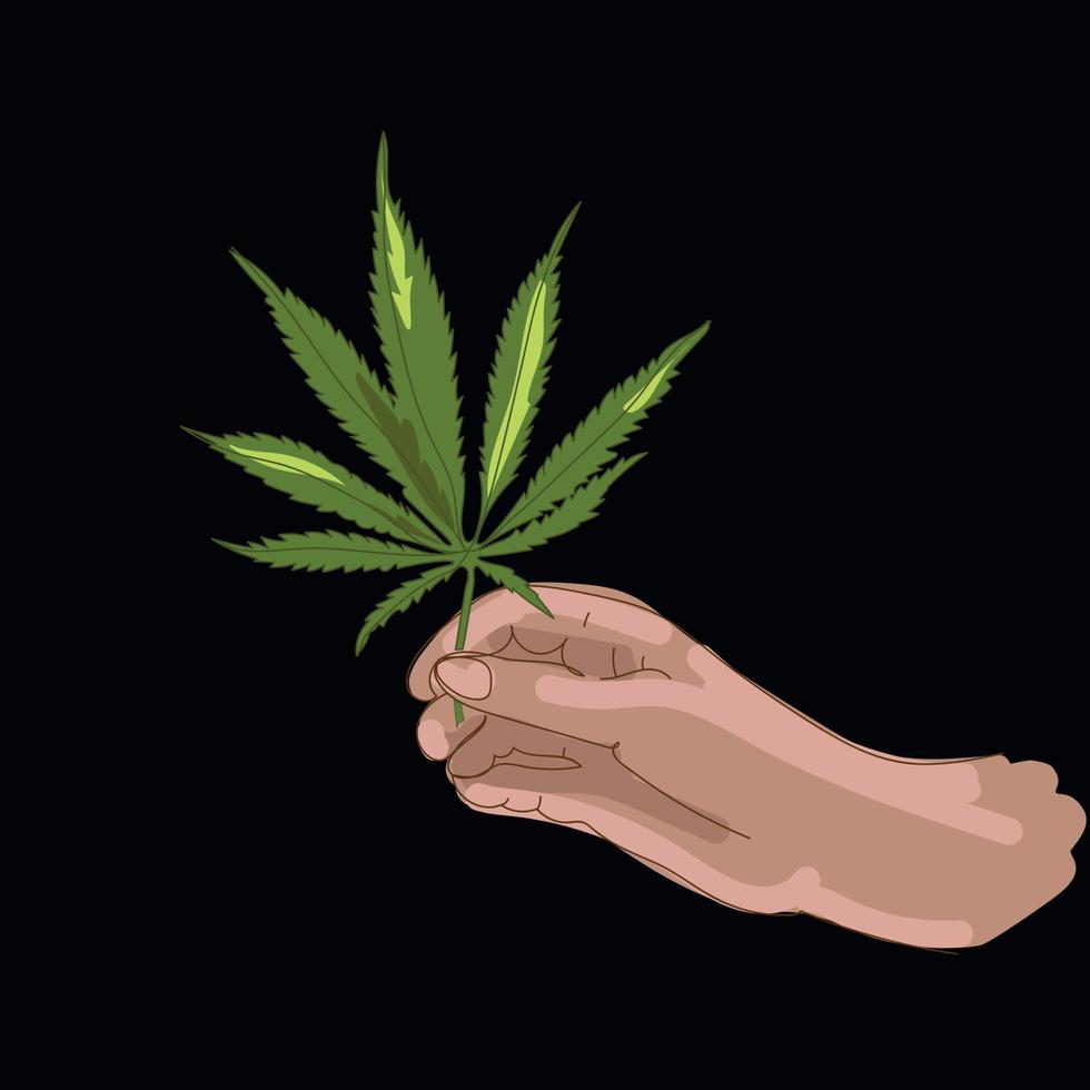 mano con hoja de marihuana aislada en fondo negro, estilo realista de dibujos animados dibujados a mano, icono de cáñamo. marihuana medicinal, hoja de cannabis en mano humana vector