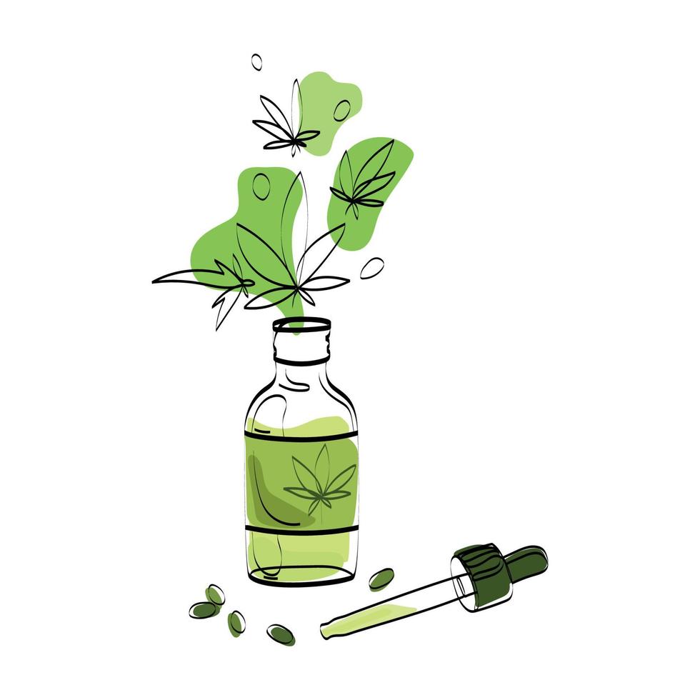 Cannabis oil in a bottle with a pipette minimalist vector illustration in a modern sketch style.Hand drawn Marijuana, hemp, weed,isolated on a white background.Cannabis extract