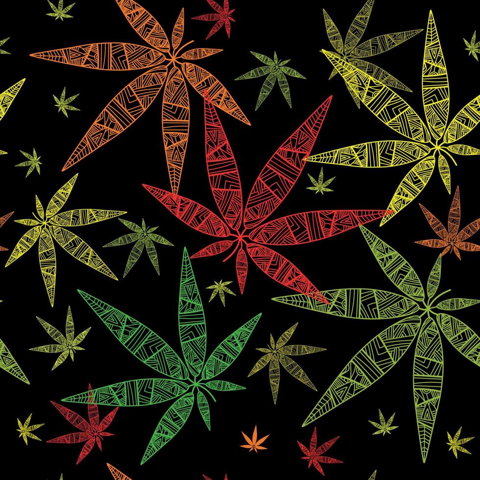 Cannabis leaves seamless pattern, background. Abstract pattern from marijuana cannabis on Rastafarian colors.Hemp leaves in doodle style on black background.Vector illustration vector