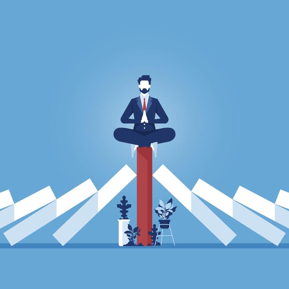 Businessman meditating on unique red domino tile among falling white dominoes, be different concept vector