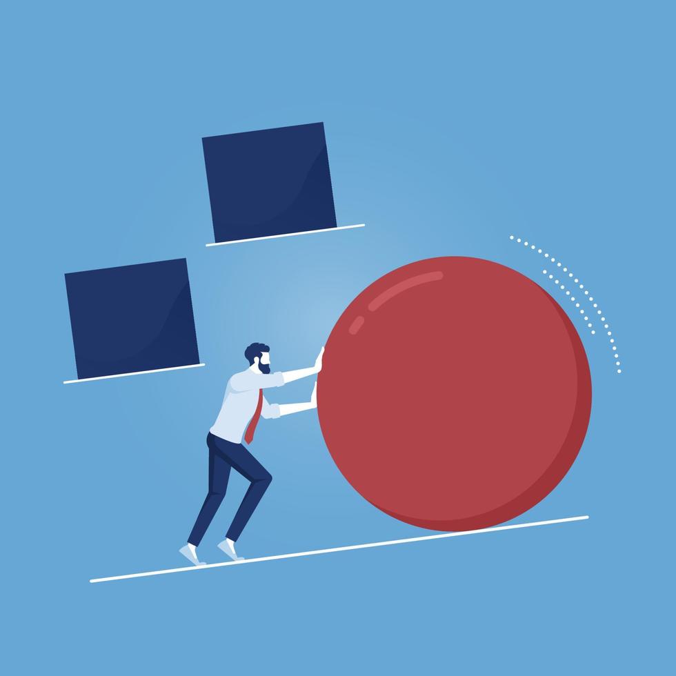 Businessman pushing sphere and it's easy for him against other square pushing boxes, concept of innovation in business, winning strategy, solution, smart work, process optimization vector