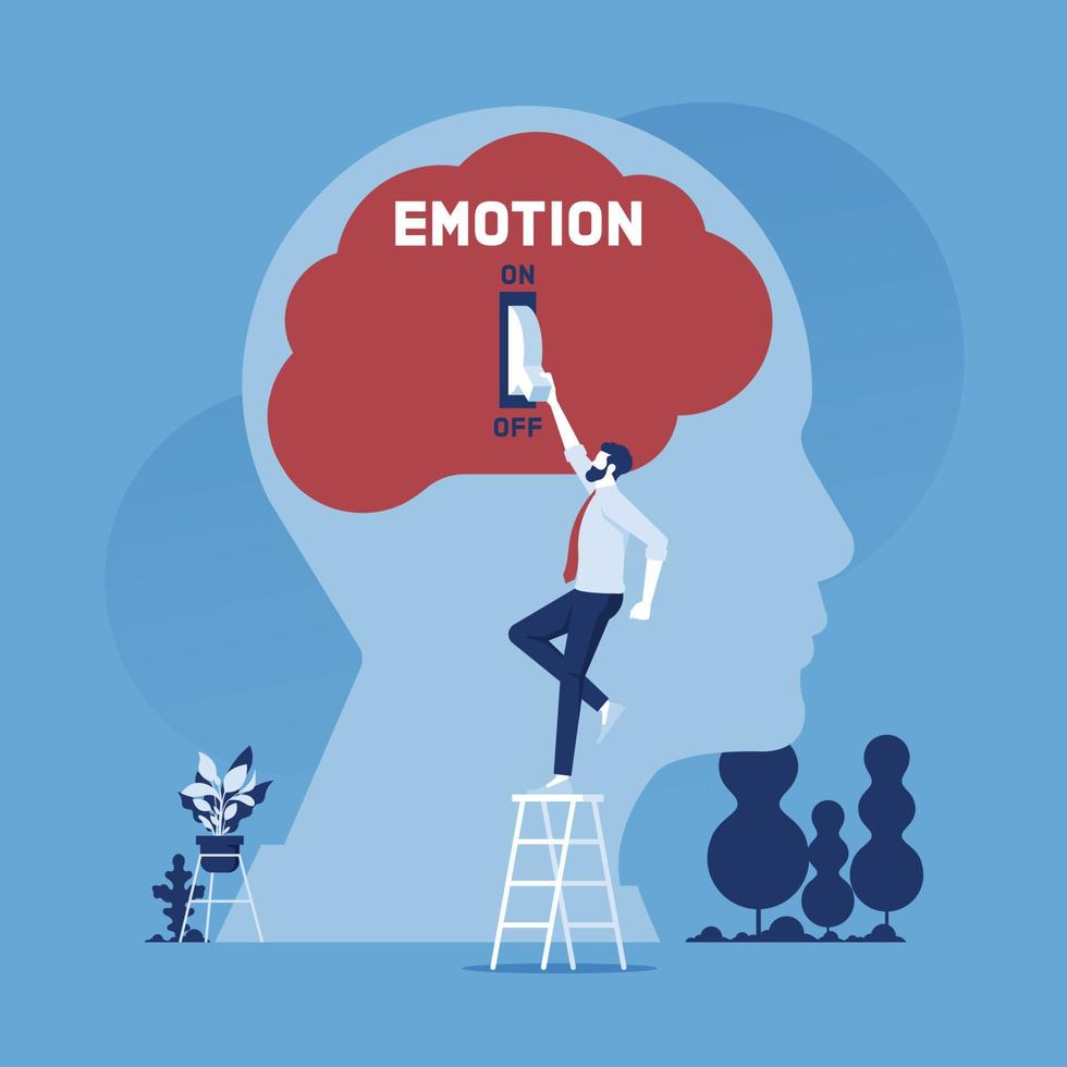 Emotions turn on and off, emotional intelligence concept with businessman turn off emotion switch on human head vector