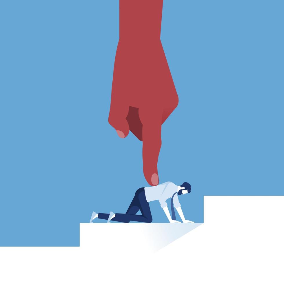 Businessman on knee with big hand pushing on back, Concept for workplace stress and depress people vector