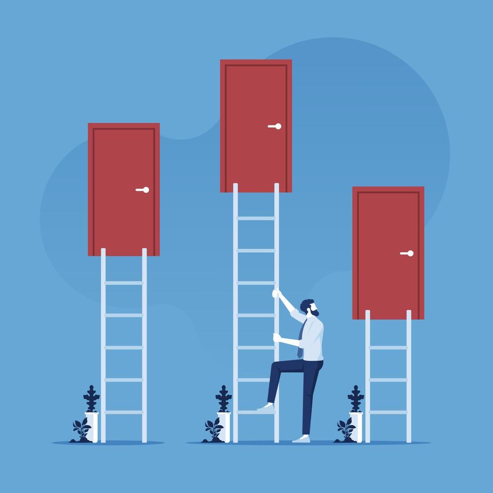 Businessman make a decision to choosing the right door, decision Direction way of business metaphor concept vector