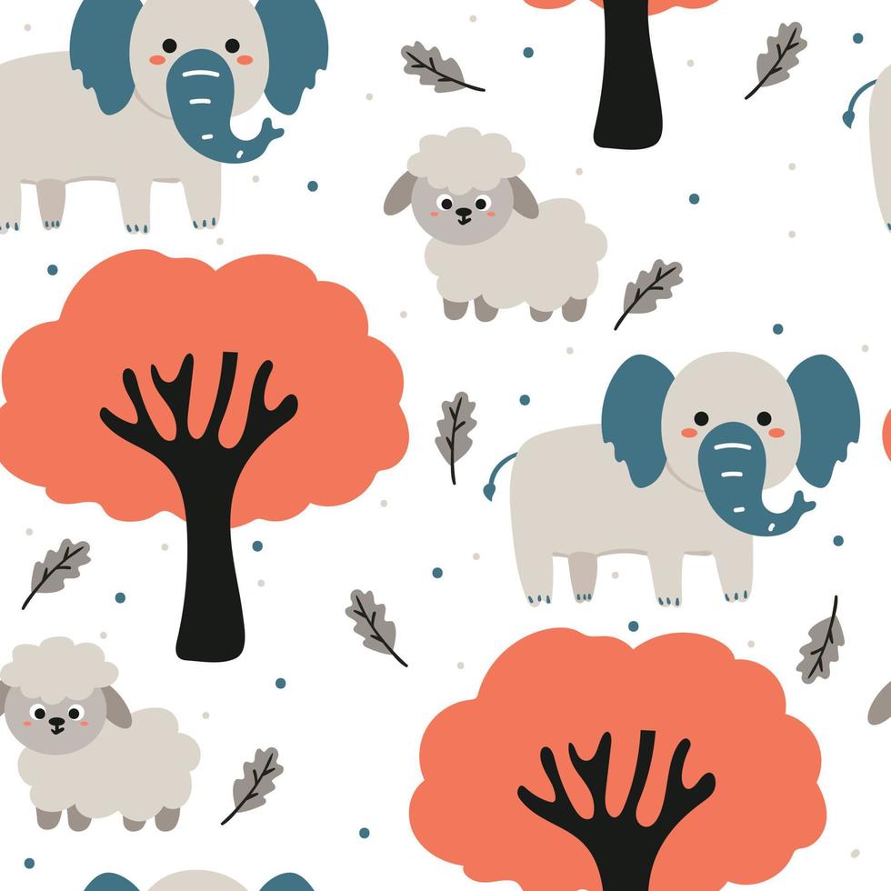 seamless pattern hand drawing elephant, sheep and tree. for fabric print, textile, gift wrapping paper vector