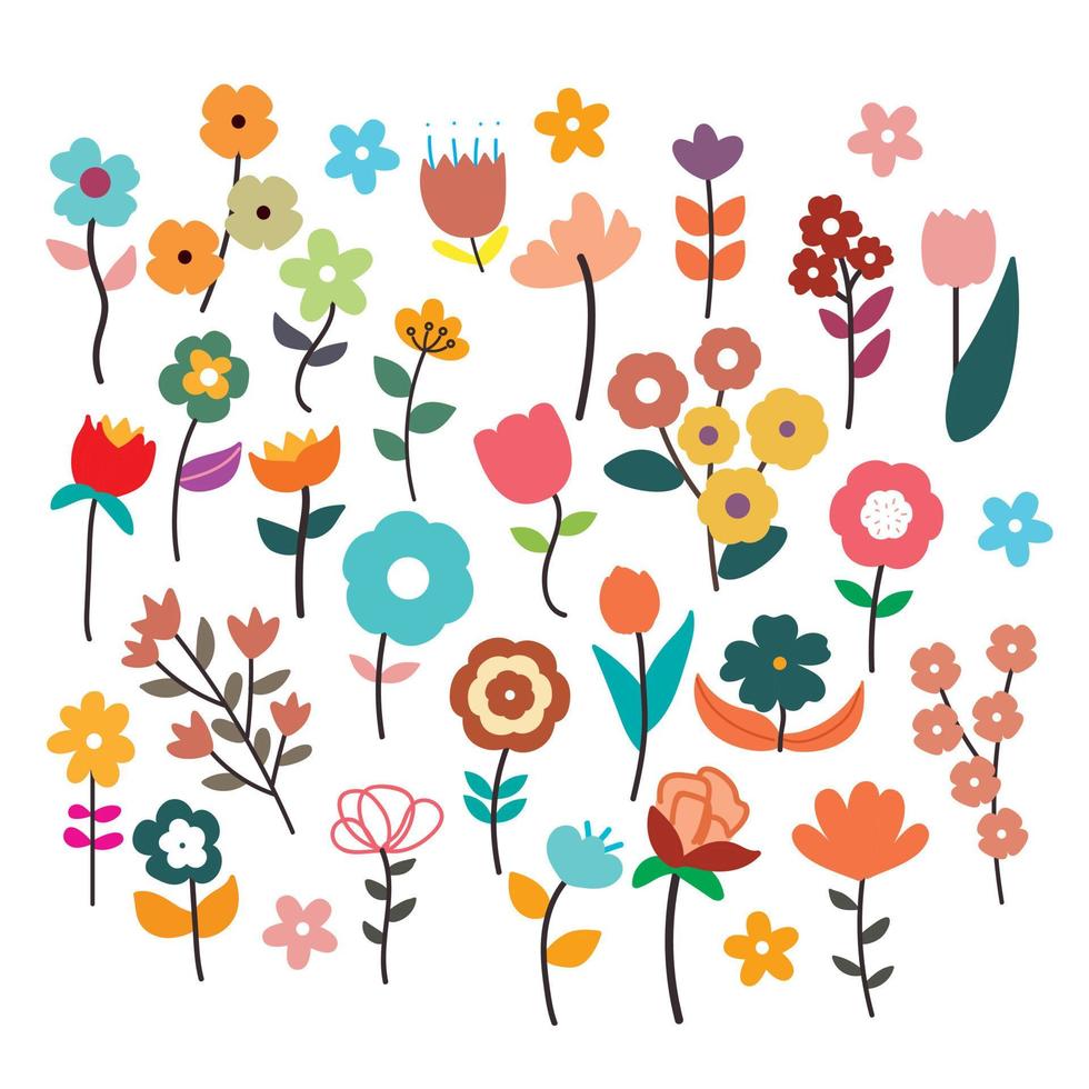 conjunto de pegatinas de flores y hojas de dibujos animados de dibujo a mano vector